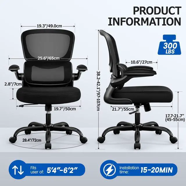 Alt view image 2 of 6 - Office Chair Ergonomic Desk Chair, Breathable Mesh Desk Chair Comfy with Lumbar Support, Flip-up Armrests, Computer Chairs Comfortable for Home, Office, Work, Standard, 300Lbs