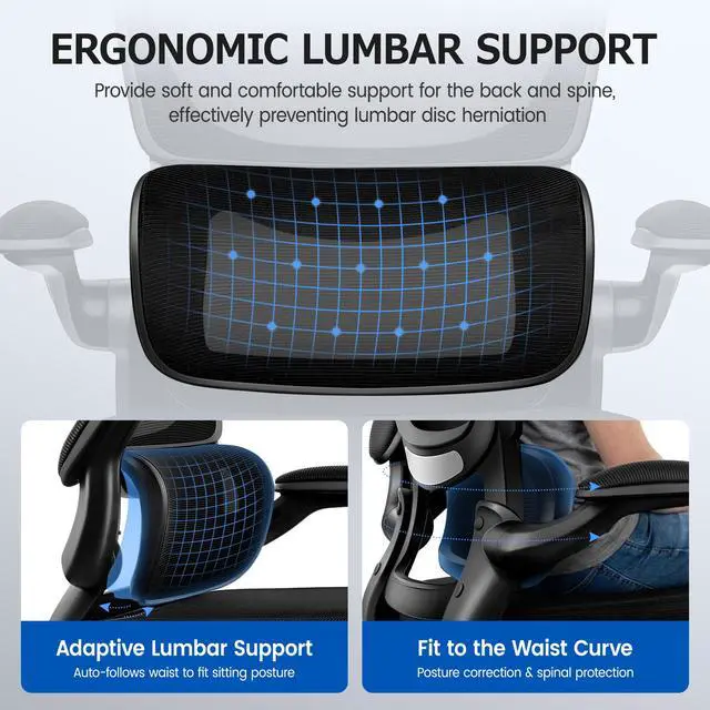 Alt view image 4 of 6 - Office Chair Ergonomic Desk Chair, Breathable Mesh Desk Chair Comfy with Lumbar Support, Flip-up Armrests, Computer Chairs Comfortable for Home, Office, Work, Standard, 300Lbs