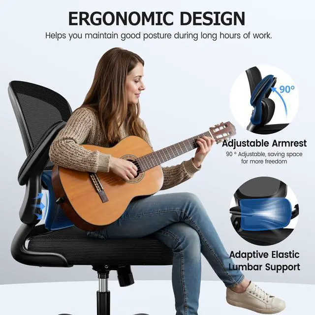 Alt view image 5 of 6 - Office Chair Ergonomic Desk Chair, Breathable Mesh Desk Chair Comfy with Lumbar Support, Flip-up Armrests, Computer Chairs Comfortable for Home, Office, Work, Standard, 300Lbs
