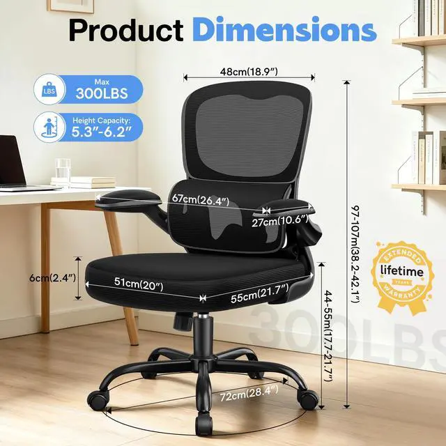 Alt view image 2 of 6 - Ergonomic Office Chair, Breathable Mesh Ergonomic Desk Chair with Adjustable Lumbar Support, Flip-up Armrests, Computer Chairs Comfortable for Home, Office, Work, 300lbs, Black, Upgrade