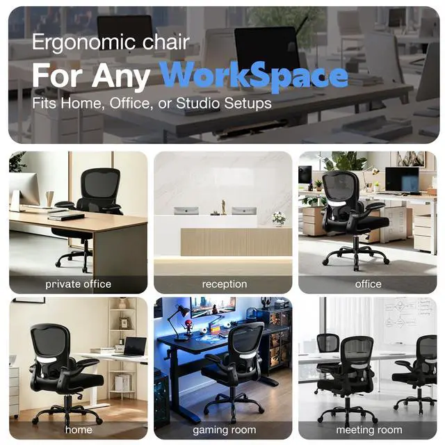 Alt view image 3 of 6 - Ergonomic Office Chair, Breathable Mesh Ergonomic Desk Chair with Adjustable Lumbar Support, Flip-up Armrests, Computer Chairs Comfortable for Home, Office, Work, 300lbs, Black, Upgrade