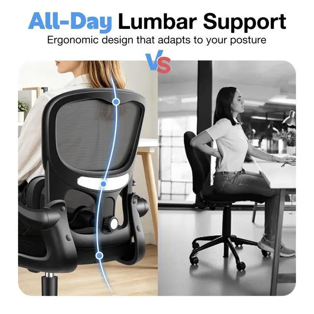 Alt view image 5 of 6 - Ergonomic Office Chair, Breathable Mesh Ergonomic Desk Chair with Adjustable Lumbar Support, Flip-up Armrests, Computer Chairs Comfortable for Home, Office, Work, 300lbs, Black, Upgrade