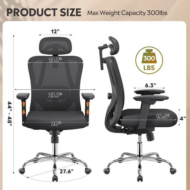 Alt view image 3 of 6 - Ergonomic Mesh Office Chair with Adjustable 3D Headrest and Tilt Function, Big and Tall Reclining Comfy Home Computer Desk Chair with Lumbar Support and 3D Armrests, Black