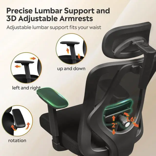 Alt view image 5 of 6 - Ergonomic Mesh Office Chair with Adjustable 3D Headrest and Tilt Function, Big and Tall Reclining Comfy Home Computer Desk Chair with Lumbar Support and 3D Armrests, Black
