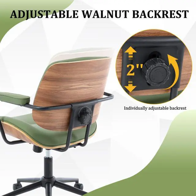 Alt view image 2 of 6 - BV Mid Century Modern Office Chair Set of 1, Swivel Rolling Deak Chair with Armrests and Walnut Back, Adjustable Desk Chair for Home Office, Green