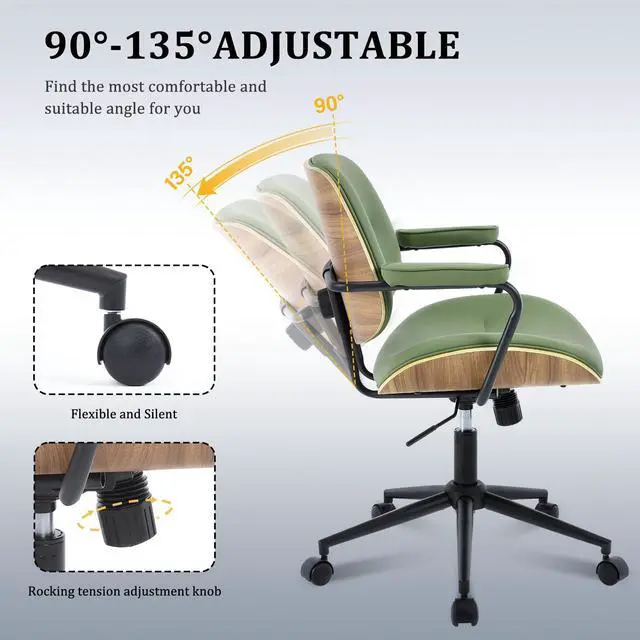 Alt view image 3 of 6 - BV Mid Century Modern Office Chair Set of 1, Swivel Rolling Deak Chair with Armrests and Walnut Back, Adjustable Desk Chair for Home Office, Green