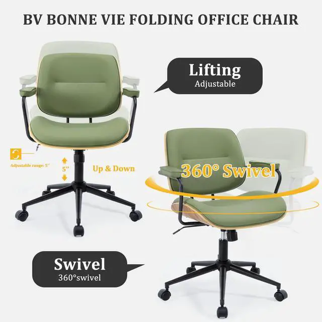 Alt view image 4 of 6 - BV Mid Century Modern Office Chair Set of 1, Swivel Rolling Deak Chair with Armrests and Walnut Back, Adjustable Desk Chair for Home Office, Green