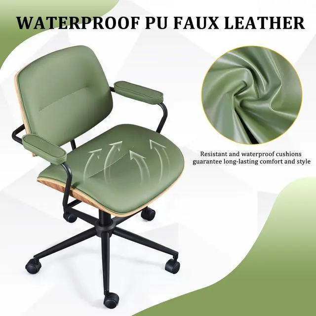 Alt view image 5 of 6 - BV Mid Century Modern Office Chair Set of 1, Swivel Rolling Deak Chair with Armrests and Walnut Back, Adjustable Desk Chair for Home Office, Green