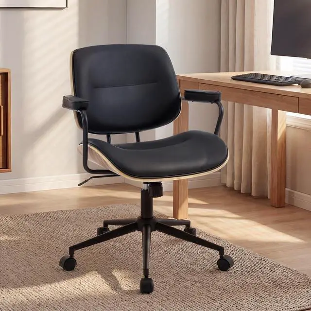 Main image of Mid Century Walnut Office Chair with Arms, Adjustable Swivel Desk Chair, Leather Computer Chair with Rolling Wheels for Home Office or Study Room, Black