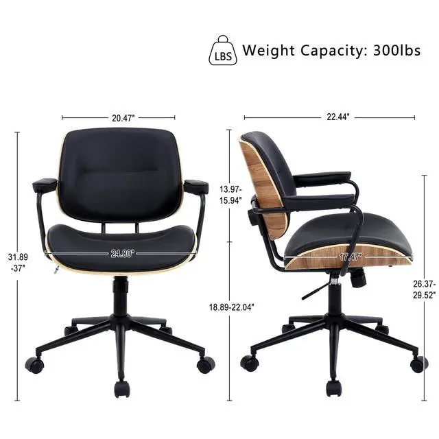 Alt view image 2 of 6 - Mid Century Walnut Office Chair with Arms, Adjustable Swivel Desk Chair, Leather Computer Chair with Rolling Wheels for Home Office or Study Room, Black