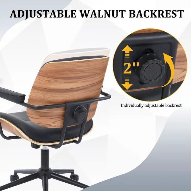 Alt view image 3 of 6 - Mid Century Walnut Office Chair with Arms, Adjustable Swivel Desk Chair, Leather Computer Chair with Rolling Wheels for Home Office or Study Room, Black