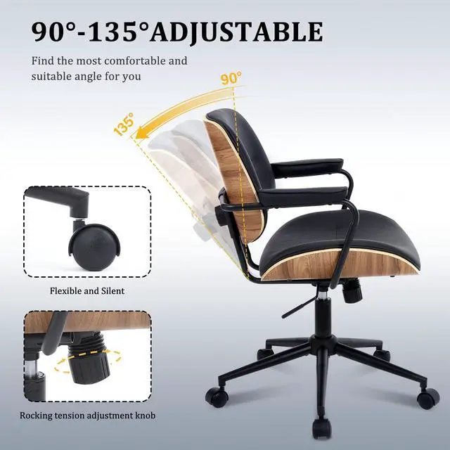 Alt view image 4 of 6 - Mid Century Walnut Office Chair with Arms, Adjustable Swivel Desk Chair, Leather Computer Chair with Rolling Wheels for Home Office or Study Room, Black