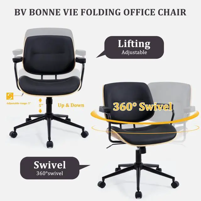 Alt view image 5 of 6 - Mid Century Walnut Office Chair with Arms, Adjustable Swivel Desk Chair, Leather Computer Chair with Rolling Wheels for Home Office or Study Room, Black