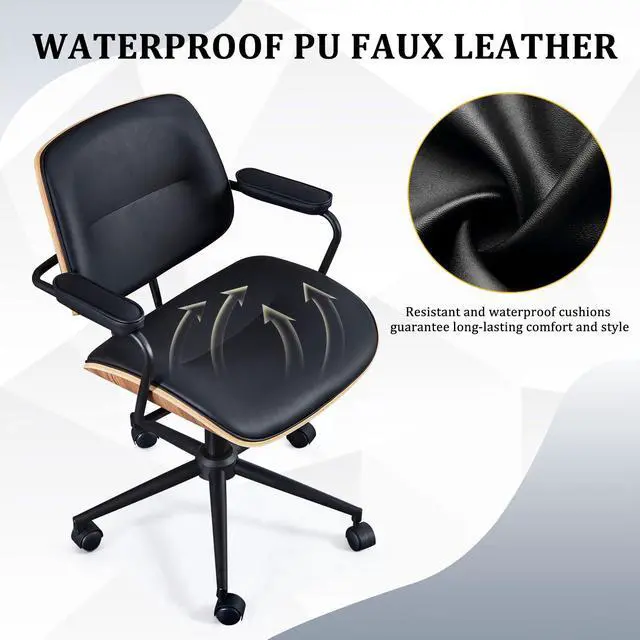 Alt view image 6 of 6 - Mid Century Walnut Office Chair with Arms, Adjustable Swivel Desk Chair, Leather Computer Chair with Rolling Wheels for Home Office or Study Room, Black