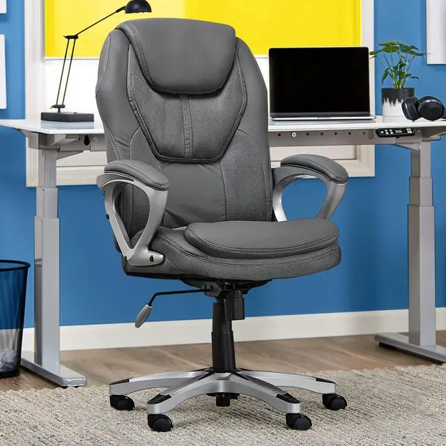Alt view image 2 of 6 - Amplify Executive Office Chair with Faux Leather and Mesh, Adjustable Ergonomic Comfy Seat with Lumbar Support, Modern Computer DeskChairs, Swivel Rolling Wheels, Duo Gray