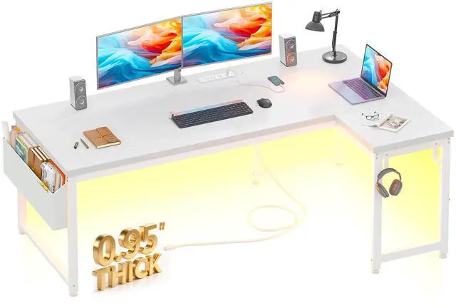 Main image of 63" L Shaped Desk with 0.95" Thick Desktop for Home Office,White | Computer Desk with Power Outlets & LED Lights,220 lbs Supports for 2 Monitors,Reversible Corner Desk for Work,Study,Gaming