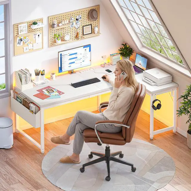 Alt view image 2 of 6 - 63" L Shaped Desk with 0.95" Thick Desktop for Home Office,White | Computer Desk with Power Outlets & LED Lights,220 lbs Supports for 2 Monitors,Reversible Corner Desk for Work,Study,Gaming