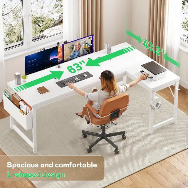 Alt view image 3 of 6 - 63" L Shaped Desk with 0.95" Thick Desktop for Home Office,White | Computer Desk with Power Outlets & LED Lights,220 lbs Supports for 2 Monitors,Reversible Corner Desk for Work,Study,Gaming