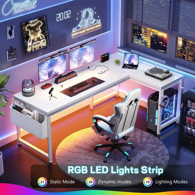 Alt view image 5 of 6 - 63" L Shaped Desk with 0.95" Thick Desktop for Home Office,White | Computer Desk with Power Outlets & LED Lights,220 lbs Supports for 2 Monitors,Reversible Corner Desk for Work,Study,Gaming