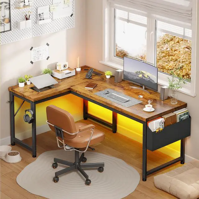 Main image of 63" L Shaped Desk with 0.95" Thick Desktop for Home Office,Brown | Computer Desk with Power Outlets & LED Lights,220 lbs Supports for 2 Monitors,Reversible Corner Desk for Work,Study,Gaming