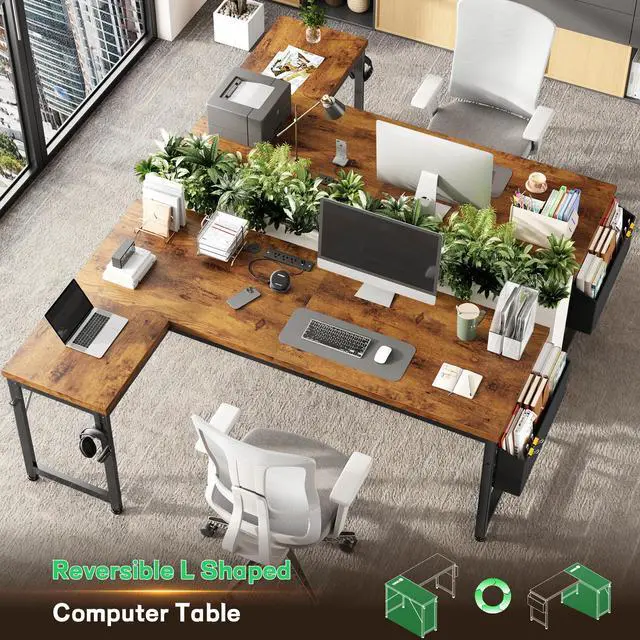 Alt view image 2 of 6 - 63" L Shaped Desk with 0.95" Thick Desktop for Home Office,Brown | Computer Desk with Power Outlets & LED Lights,220 lbs Supports for 2 Monitors,Reversible Corner Desk for Work,Study,Gaming