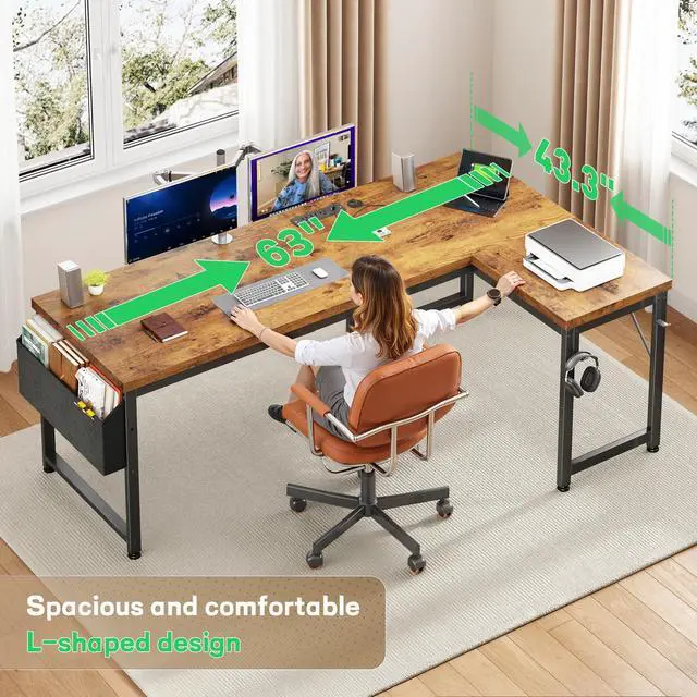 Alt view image 3 of 6 - 63" L Shaped Desk with 0.95" Thick Desktop for Home Office,Brown | Computer Desk with Power Outlets & LED Lights,220 lbs Supports for 2 Monitors,Reversible Corner Desk for Work,Study,Gaming