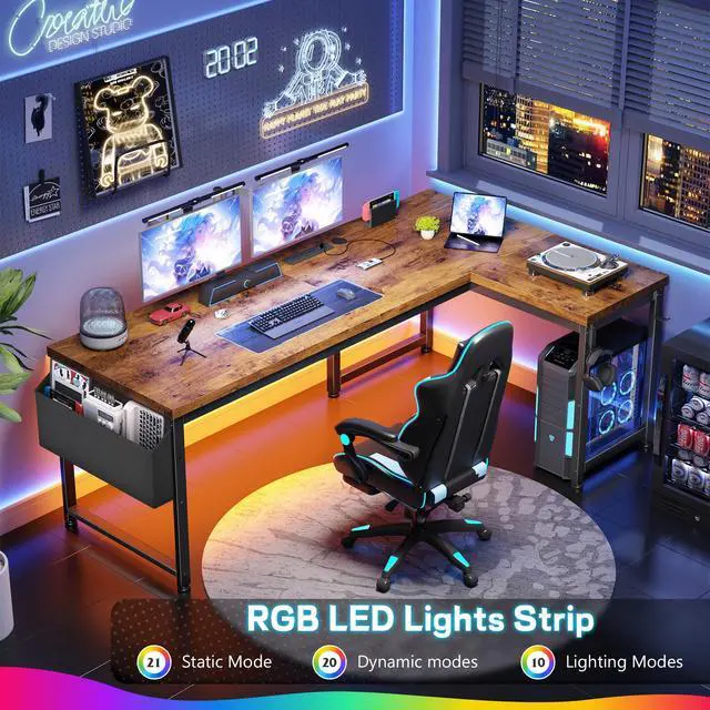 Alt view image 6 of 6 - 63" L Shaped Desk with 0.95" Thick Desktop for Home Office,Brown | Computer Desk with Power Outlets & LED Lights,220 lbs Supports for 2 Monitors,Reversible Corner Desk for Work,Study,Gaming