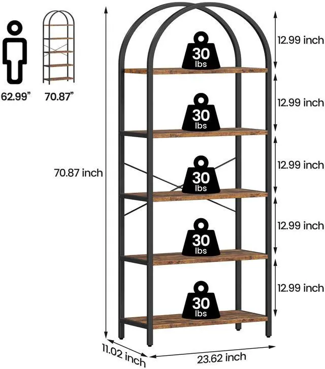 Alt view image 2 of 6 - Bookshelf 5 Tier Bookcase Arched Display Racks Tall Standing Bookshelves Metal Frame Modern Storage Rack Shelf Large Wood Book Shelf for Bedroom, Living Room, Home Office (Rustic Brown)