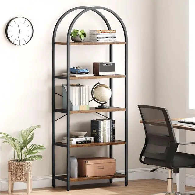 Alt view image 3 of 6 - Bookshelf 5 Tier Bookcase Arched Display Racks Tall Standing Bookshelves Metal Frame Modern Storage Rack Shelf Large Wood Book Shelf for Bedroom, Living Room, Home Office (Rustic Brown)