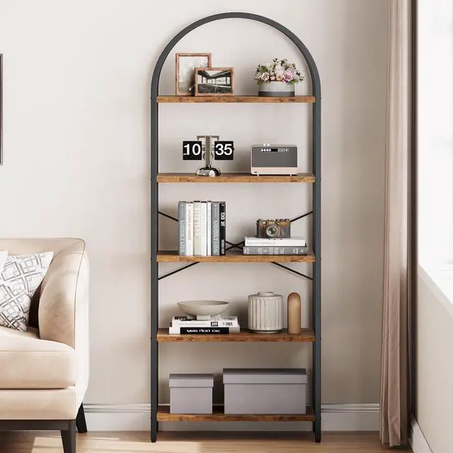 Alt view image 4 of 6 - Bookshelf 5 Tier Bookcase Arched Display Racks Tall Standing Bookshelves Metal Frame Modern Storage Rack Shelf Large Wood Book Shelf for Bedroom, Living Room, Home Office (Rustic Brown)