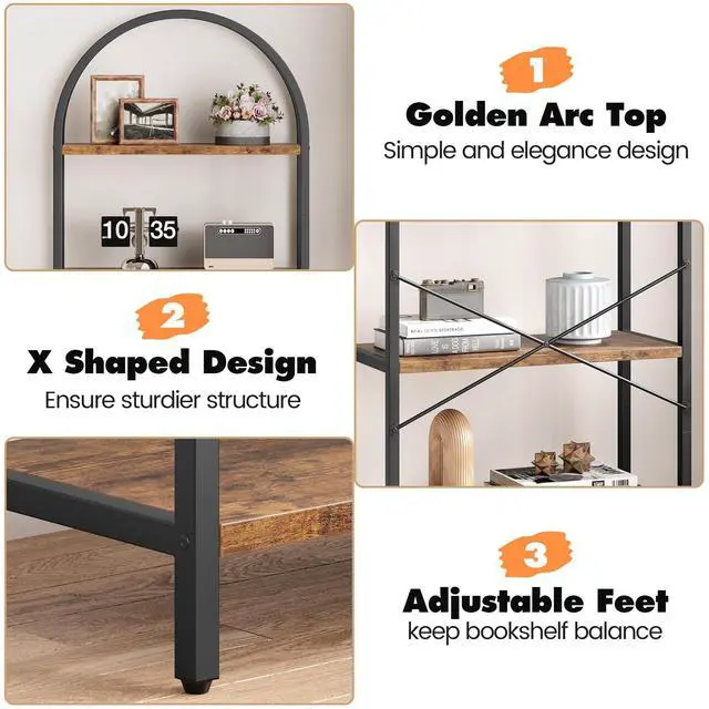 Alt view image 5 of 6 - Bookshelf 5 Tier Bookcase Arched Display Racks Tall Standing Bookshelves Metal Frame Modern Storage Rack Shelf Large Wood Book Shelf for Bedroom, Living Room, Home Office (Rustic Brown)