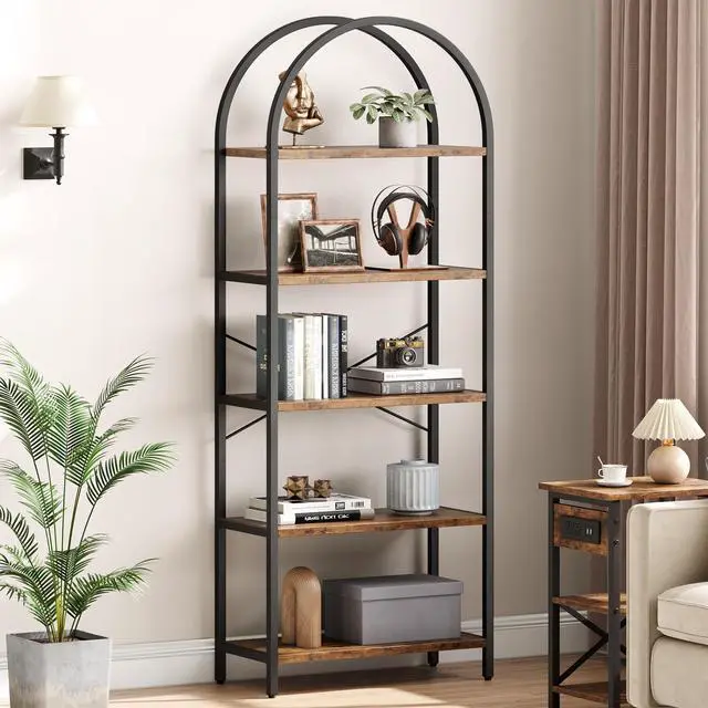 Alt view image 6 of 6 - Bookshelf 5 Tier Bookcase Arched Display Racks Tall Standing Bookshelves Metal Frame Modern Storage Rack Shelf Large Wood Book Shelf for Bedroom, Living Room, Home Office (Rustic Brown)