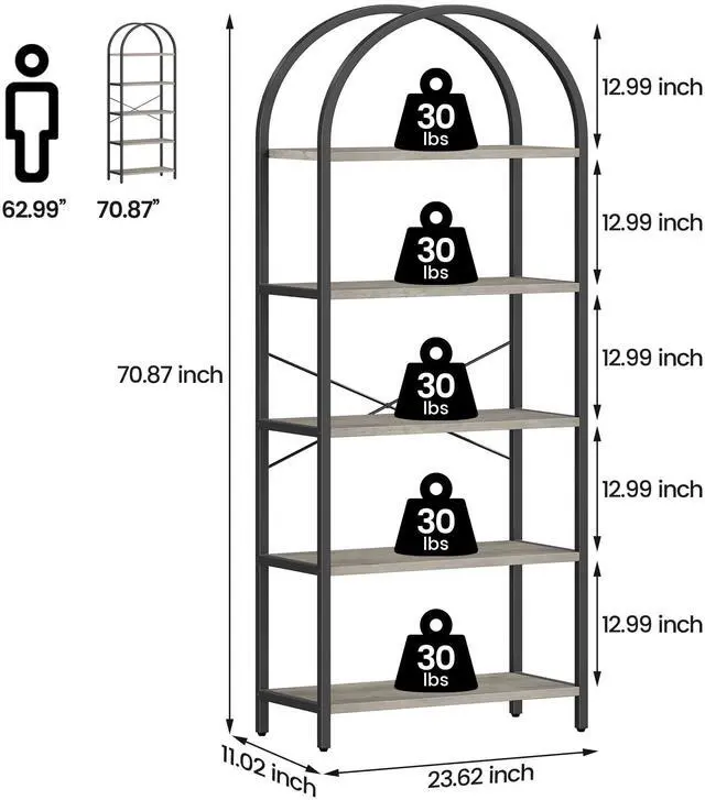 Alt view image 2 of 6 - Bookshelf 5 Tier Bookcase Arched Display Racks Tall Standing Bookshelves Metal Frame Modern Storage Rack Shelf Large Wood Book Shelf for Bedroom, Living Room, Home Office (Grey)