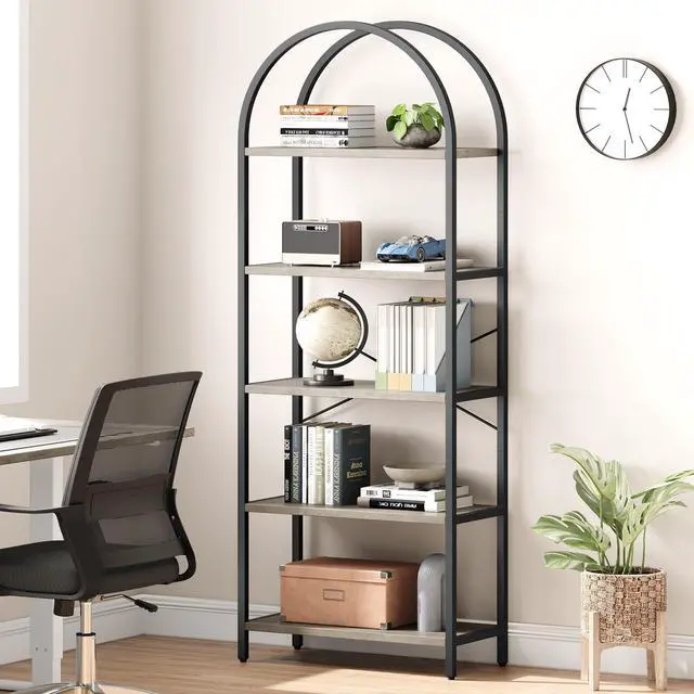 Alt view image 3 of 6 - Bookshelf 5 Tier Bookcase Arched Display Racks Tall Standing Bookshelves Metal Frame Modern Storage Rack Shelf Large Wood Book Shelf for Bedroom, Living Room, Home Office (Grey)
