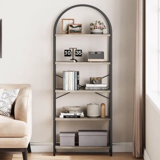 Alt view image 4 of 6 - Bookshelf 5 Tier Bookcase Arched Display Racks Tall Standing Bookshelves Metal Frame Modern Storage Rack Shelf Large Wood Book Shelf for Bedroom, Living Room, Home Office (Grey)
