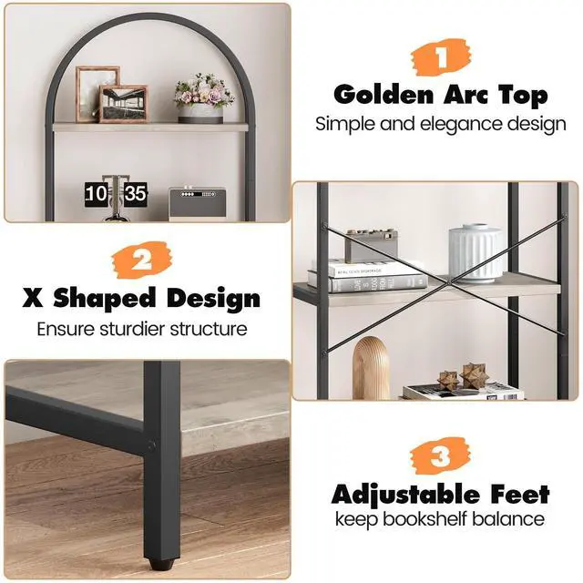 Alt view image 5 of 6 - Bookshelf 5 Tier Bookcase Arched Display Racks Tall Standing Bookshelves Metal Frame Modern Storage Rack Shelf Large Wood Book Shelf for Bedroom, Living Room, Home Office (Grey)
