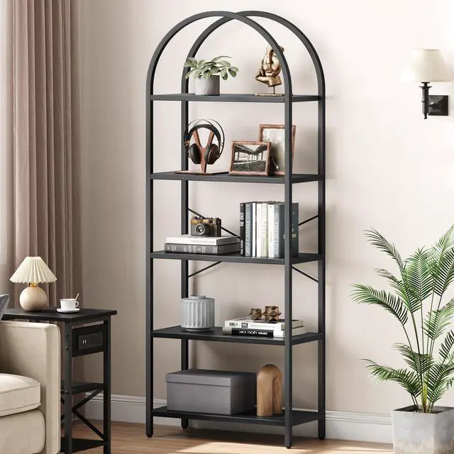 Main image of Bookshelf 5 Tier Bookcase Arched Display Racks Tall Standing Bookshelves Metal Frame Modern Storage Rack Shelf Large Wood Book Shelf for Bedroom, Living Room, Home Office (Black)