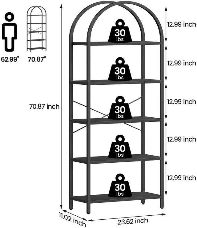 Alt view image 2 of 6 - Bookshelf 5 Tier Bookcase Arched Display Racks Tall Standing Bookshelves Metal Frame Modern Storage Rack Shelf Large Wood Book Shelf for Bedroom, Living Room, Home Office (Black)