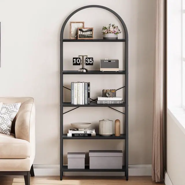 Alt view image 3 of 6 - Bookshelf 5 Tier Bookcase Arched Display Racks Tall Standing Bookshelves Metal Frame Modern Storage Rack Shelf Large Wood Book Shelf for Bedroom, Living Room, Home Office (Black)