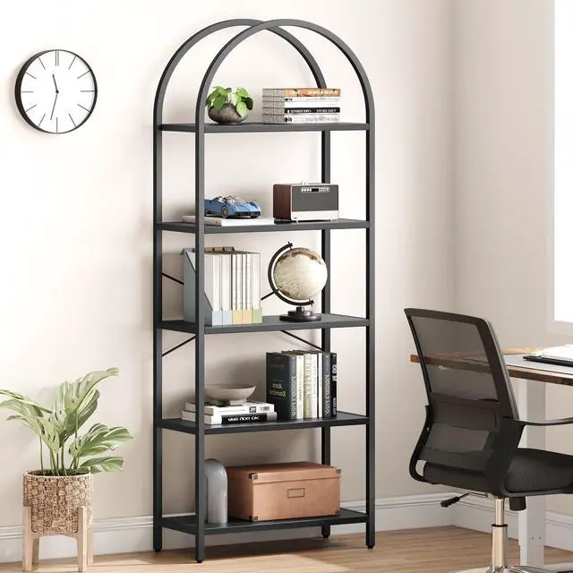 Alt view image 4 of 6 - Bookshelf 5 Tier Bookcase Arched Display Racks Tall Standing Bookshelves Metal Frame Modern Storage Rack Shelf Large Wood Book Shelf for Bedroom, Living Room, Home Office (Black)