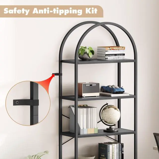 Alt view image 5 of 6 - Bookshelf 5 Tier Bookcase Arched Display Racks Tall Standing Bookshelves Metal Frame Modern Storage Rack Shelf Large Wood Book Shelf for Bedroom, Living Room, Home Office (Black)
