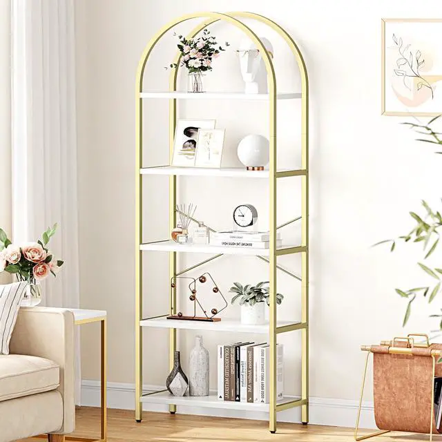Main image of Bookshelf 5 Tier Bookcase Arched Display Racks Tall Standing Bookshelves Metal Frame Modern Storage Rack Shelf Large Wood Book Shelf for Bedroom, Living Room, Home Office, White/Gold