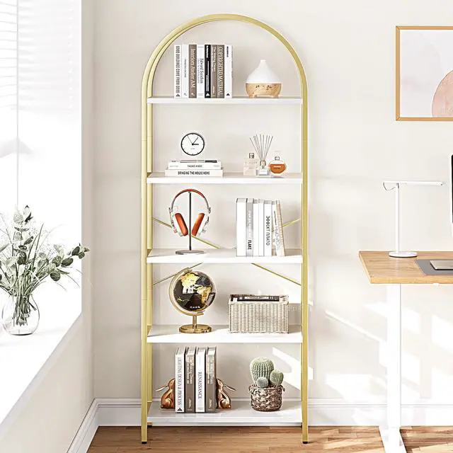 Alt view image 3 of 6 - Bookshelf 5 Tier Bookcase Arched Display Racks Tall Standing Bookshelves Metal Frame Modern Storage Rack Shelf Large Wood Book Shelf for Bedroom, Living Room, Home Office, White/Gold