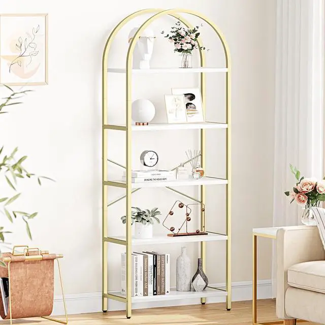 Alt view image 4 of 6 - Bookshelf 5 Tier Bookcase Arched Display Racks Tall Standing Bookshelves Metal Frame Modern Storage Rack Shelf Large Wood Book Shelf for Bedroom, Living Room, Home Office, White/Gold