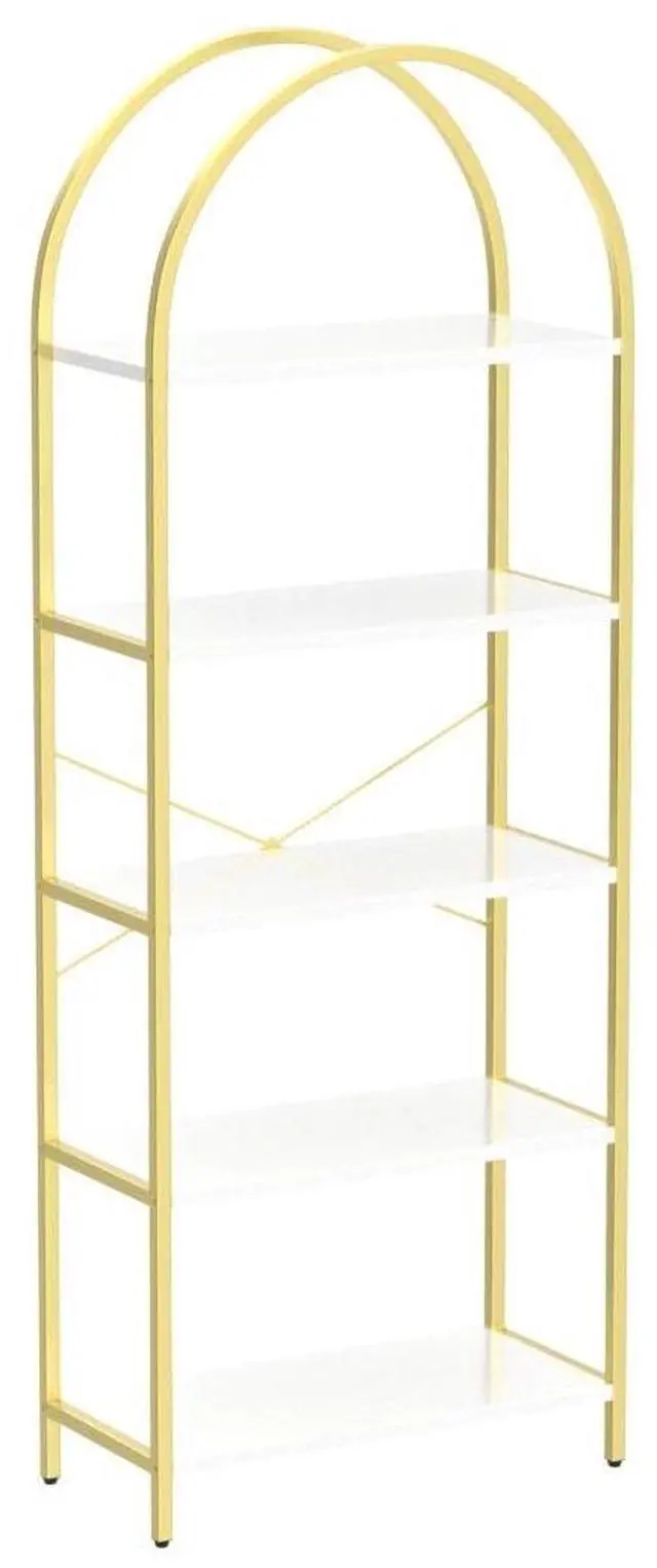 Alt view image 5 of 6 - Bookshelf 5 Tier Bookcase Arched Display Racks Tall Standing Bookshelves Metal Frame Modern Storage Rack Shelf Large Wood Book Shelf for Bedroom, Living Room, Home Office, White/Gold