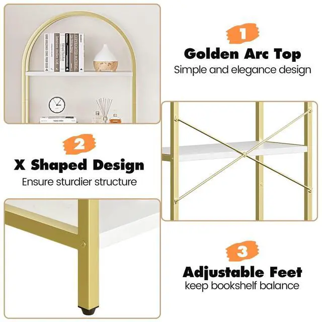 Alt view image 6 of 6 - Bookshelf 5 Tier Bookcase Arched Display Racks Tall Standing Bookshelves Metal Frame Modern Storage Rack Shelf Large Wood Book Shelf for Bedroom, Living Room, Home Office, White/Gold