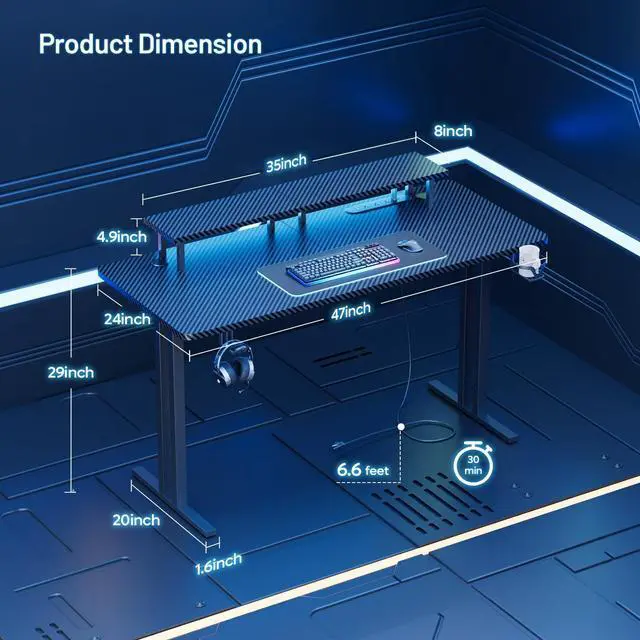 Alt view image 3 of 6 - 47 Inch Gaming Desk with LED Lights & Cable Management, Black | Ergonomic carbon fiber gaming computer desk with 5 sockets, monitor stand, cup holder, headphone hook & mouse pad for gamers