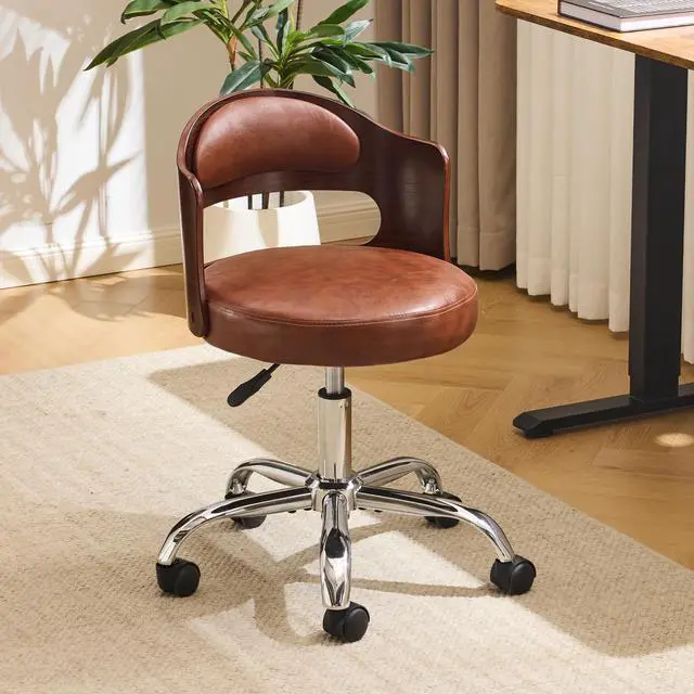 Main image of Armless Home Office Desk Chair, Adjustable Swivel Chair,Dual-Use with/no Wheels,Small Retro Designed Walnut Curved Task Chair,Cushioned Nail Tech Chair for Study Area,Workspace,PU,Brown