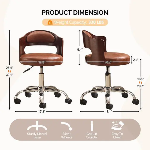 Alt view image 2 of 6 - Armless Home Office Desk Chair, Adjustable Swivel Chair,Dual-Use with/no Wheels,Small Retro Designed Walnut Curved Task Chair,Cushioned Nail Tech Chair for Study Area,Workspace,PU,Brown