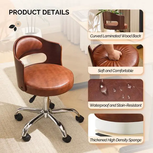 Alt view image 3 of 6 - Armless Home Office Desk Chair, Adjustable Swivel Chair,Dual-Use with/no Wheels,Small Retro Designed Walnut Curved Task Chair,Cushioned Nail Tech Chair for Study Area,Workspace,PU,Brown